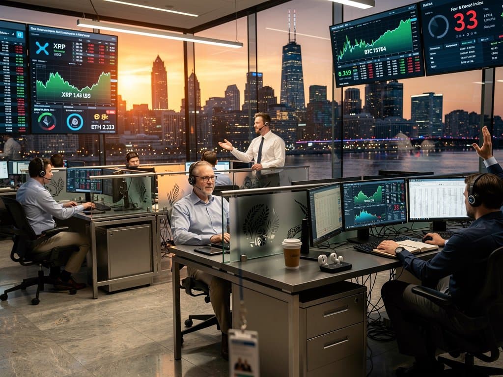 Chicago trading floor screens show XRP price at $1.43 and Fear & Greed Index amid Midwest finance charts