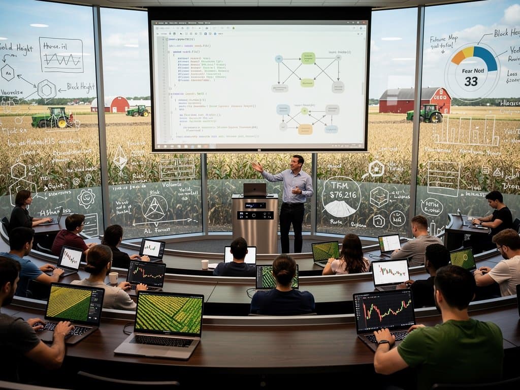 Midwest university classroom showcasing AI crop models, crypto charts at BTC $76K, TensorFlow projections, and cornfield views