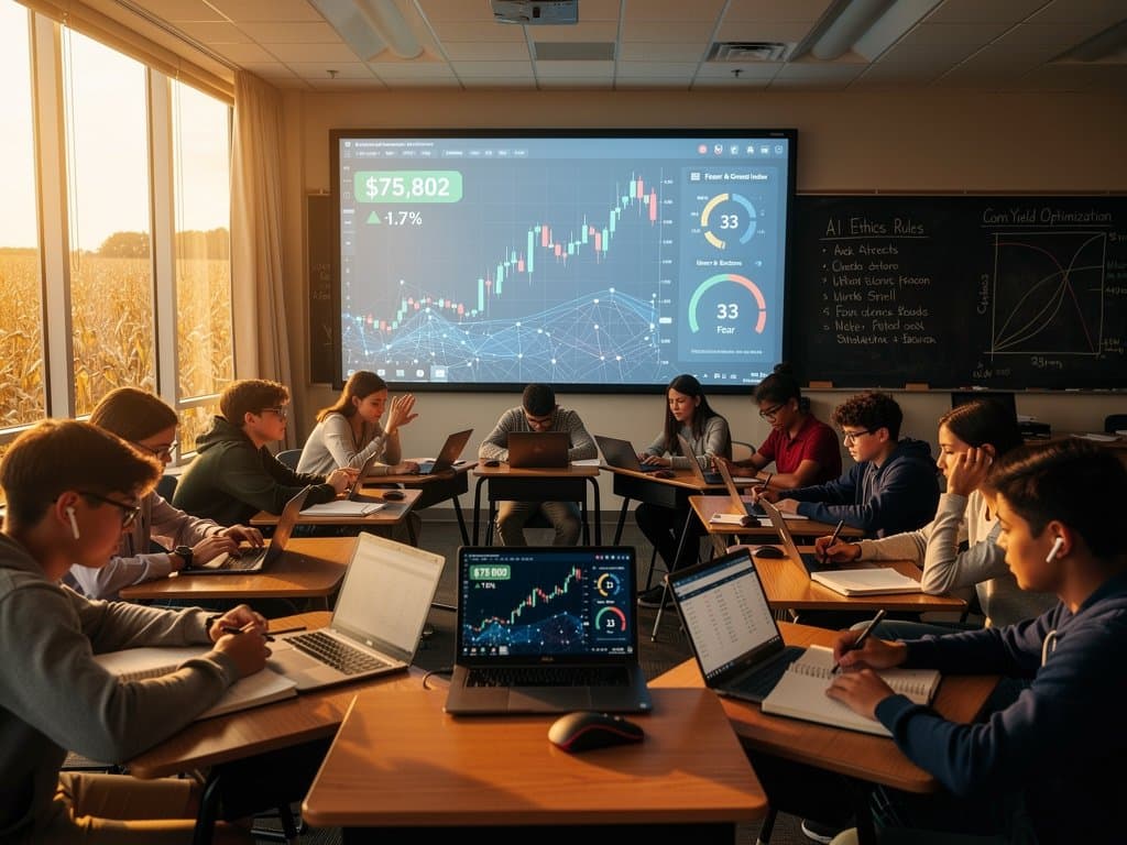 Midwest classroom whiteboard with Bitcoin $75,802 chart, AI graphs, crypto data amid desks and local maps
