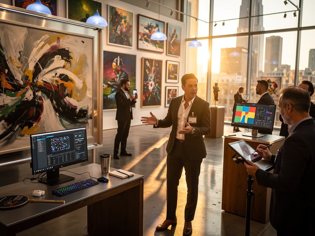 Modern Chicago gallery displaying AI-generated abstract art with tech monitors and market data screens
