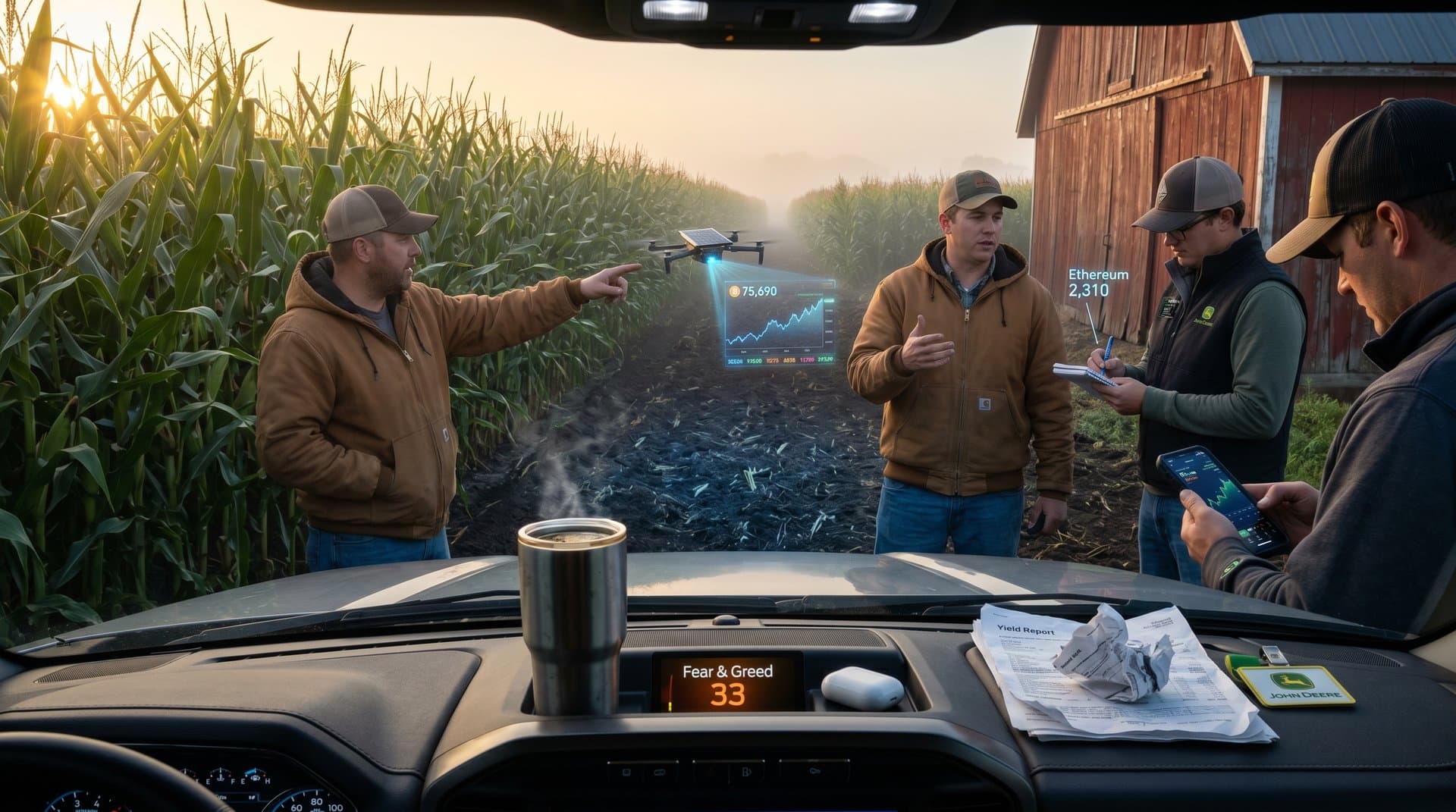 Midwest cornfield with Bitcoin $75,690 chart overlay and crypto dashboard in pickup truck