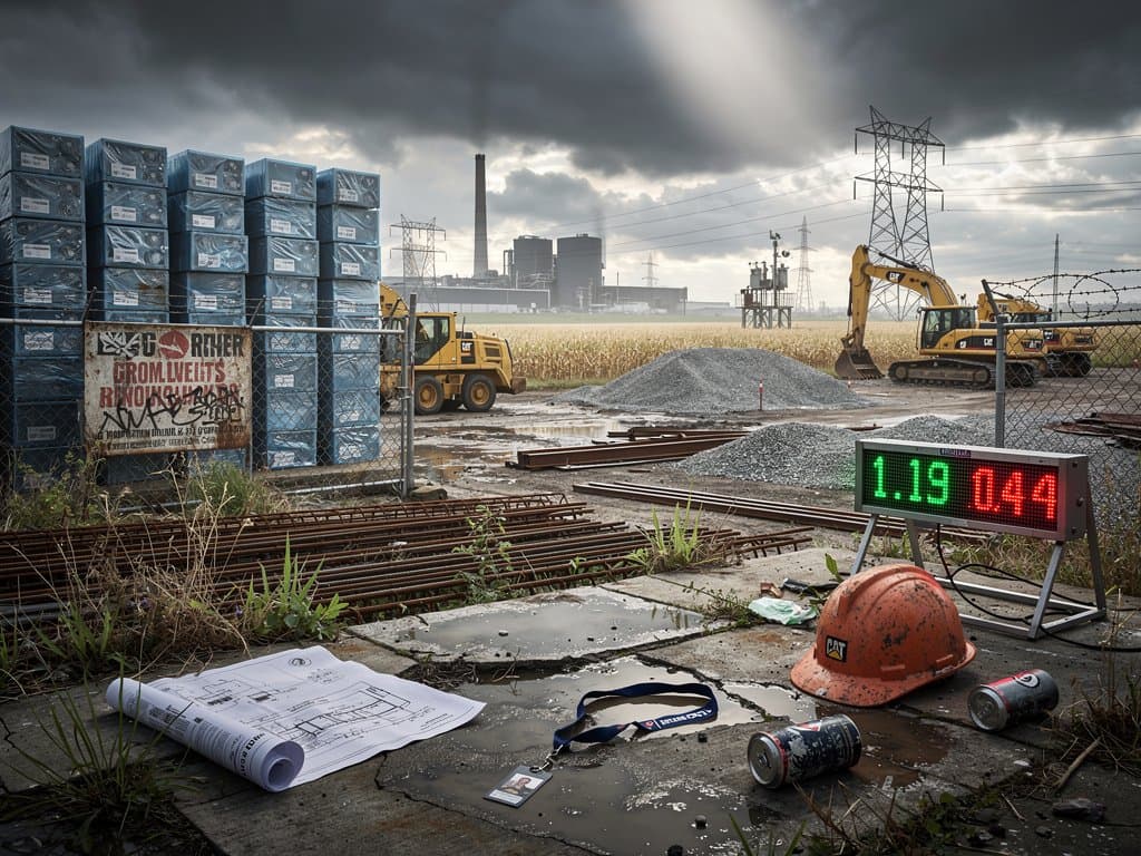 Abandoned Illinois crypto mining site with idle equipment and BTC price sign amid failed venture