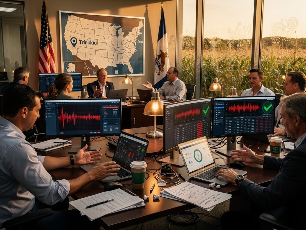 Midwest election office screens show deepfake AI detection, blockchain, and BTC charts with heartland views