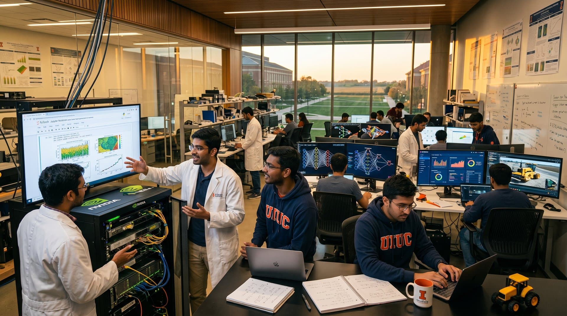 UIUC AI lab with NVIDIA servers, neural network displays, and collaborative workstations in innovative environment