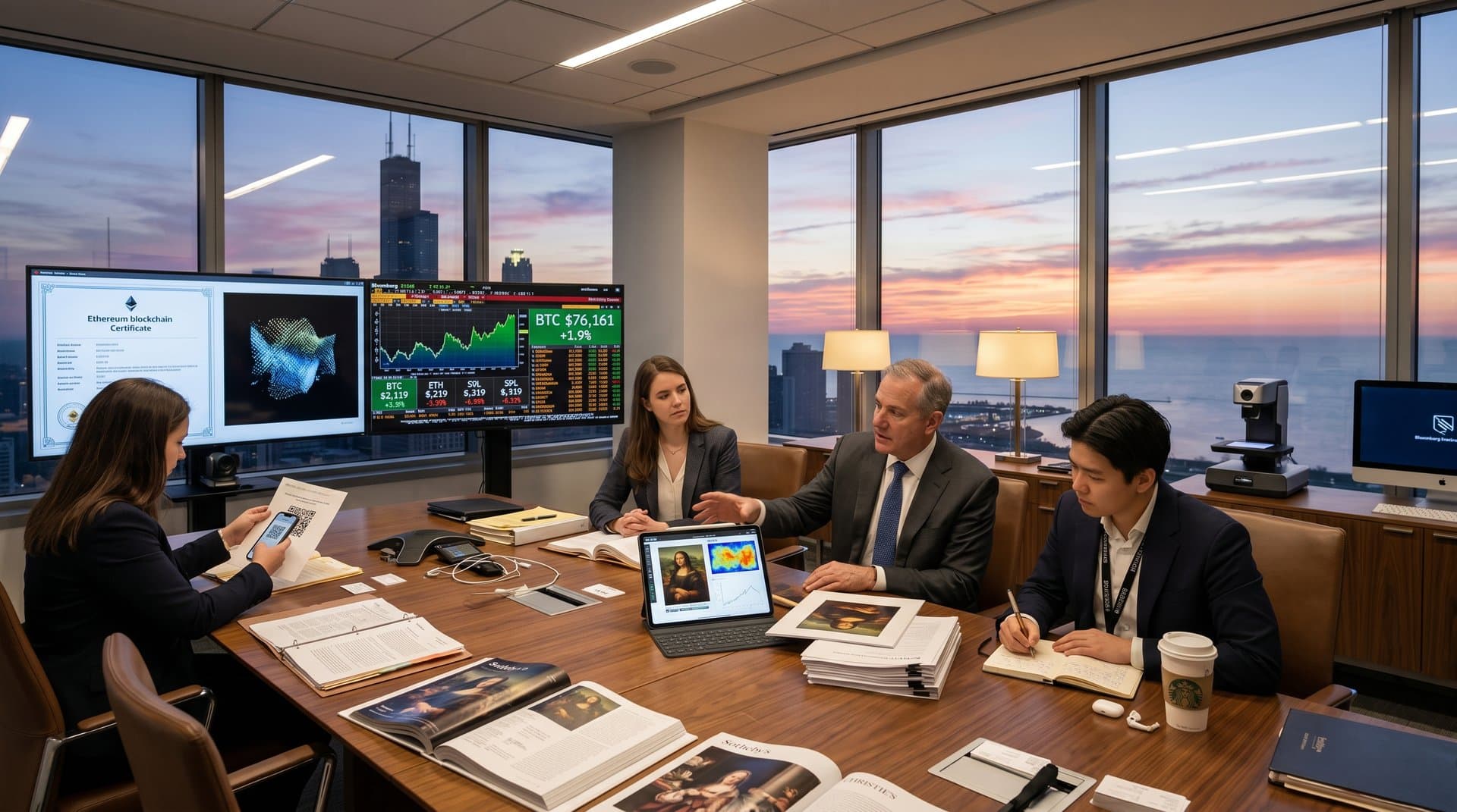 AI neural network on screen analyzes Renaissance painting with blockchain and BTC charts in Chicago office overlooking lake