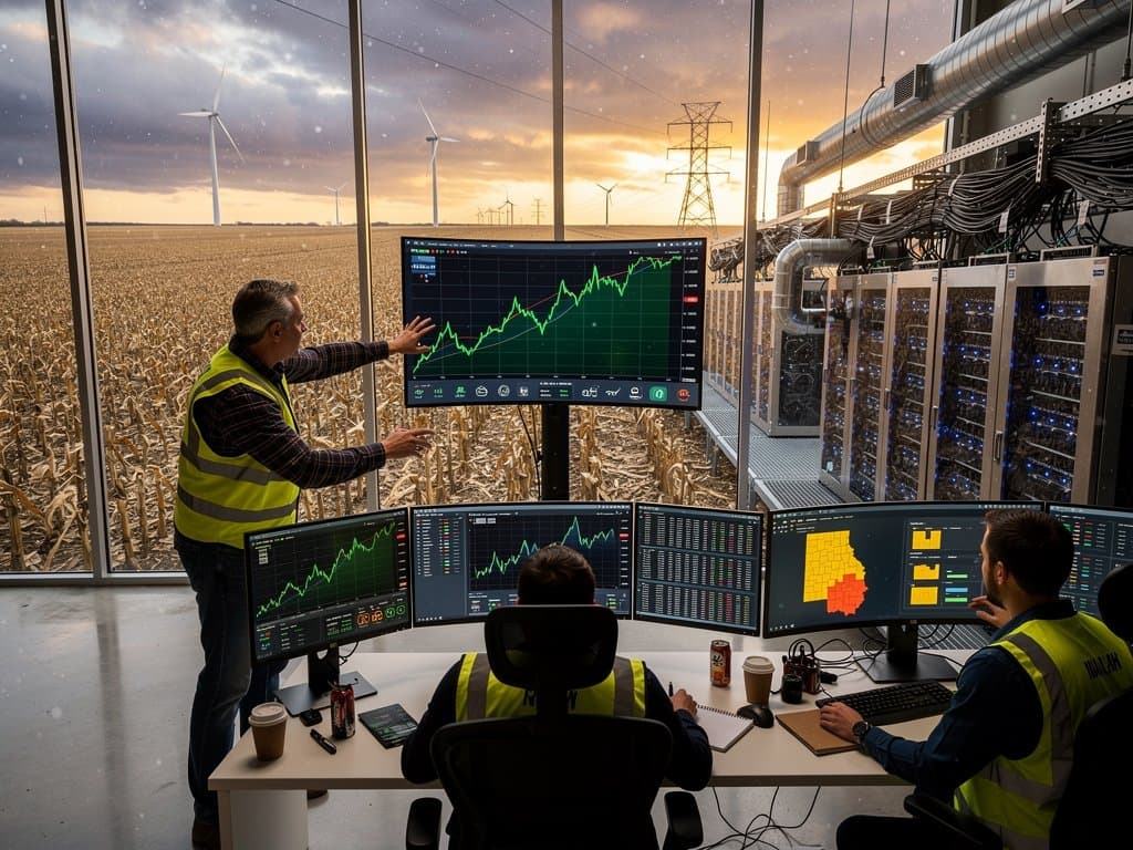Glowing server racks and control consoles in a modern Midwest data center overlooking winter cornfields