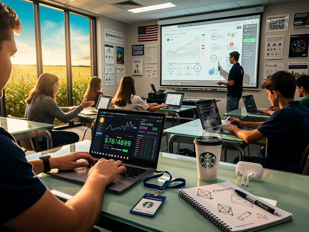 High school students in Missouri classroom analyze AI crypto dashboards with Bitcoin charts and business simulations