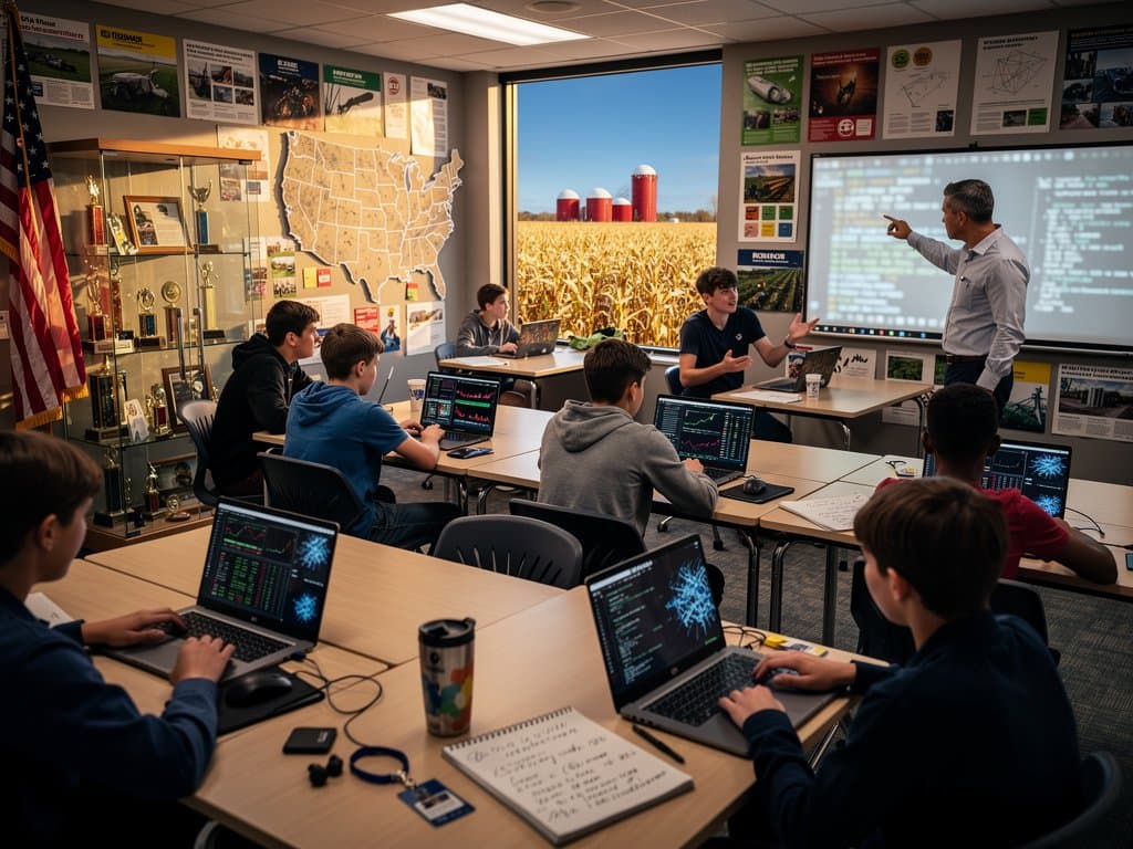 Midwest classroom laptops show AI crypto charts with BTC prices amid rural farm views