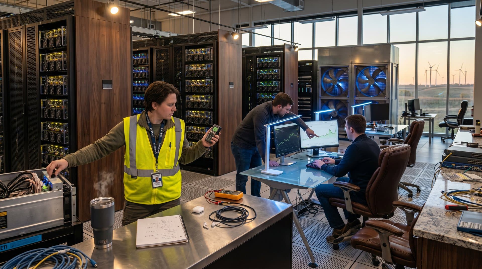 Engineers monitor ASIC mining rigs in a Tier IV data center with raised floors, glowing servers, and dashboards amid cooling systems and workstations