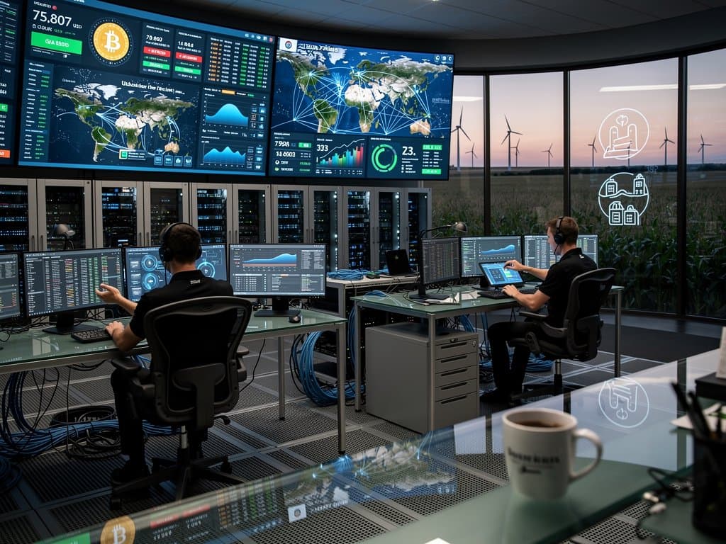 Control room screens show crypto mining dashboards and energy grids linking Midwest to Uzbekistan zone