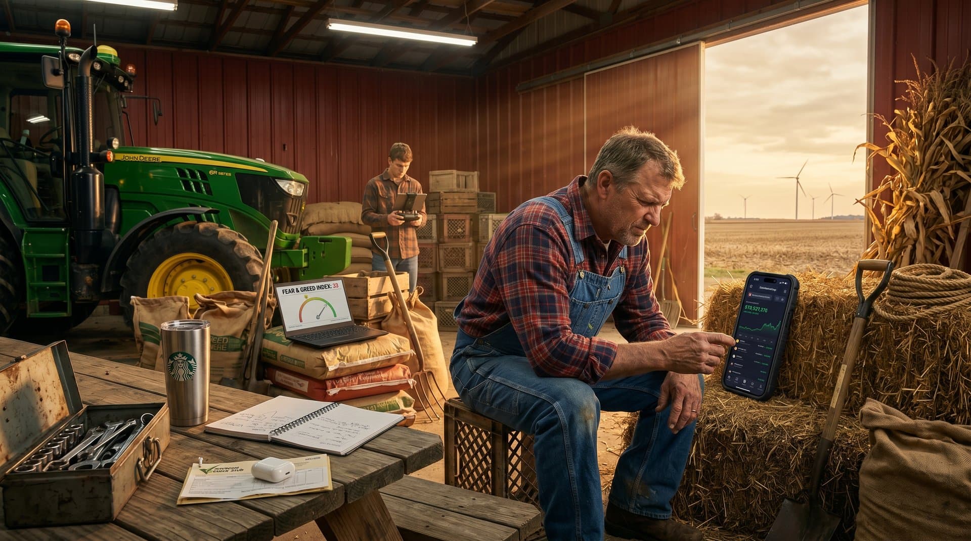 Midwest farmer checks Bitcoin at $75,710 on phone in barn with tractor and crypto charts