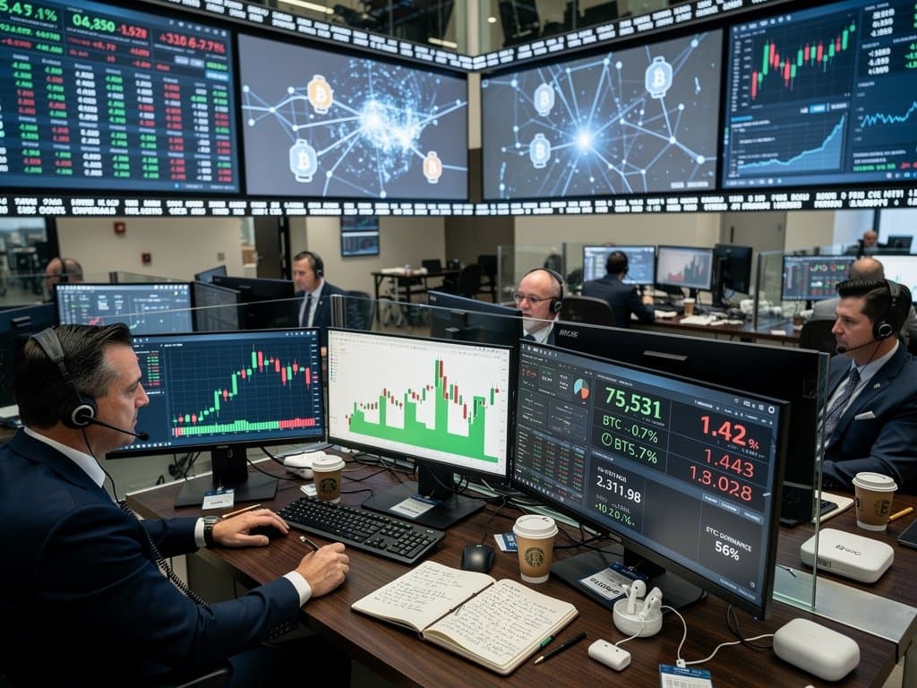 Traders at CME Globex desks in Chicago analyze Bitcoin and XRP charts on multi-monitors amid live market data displays
