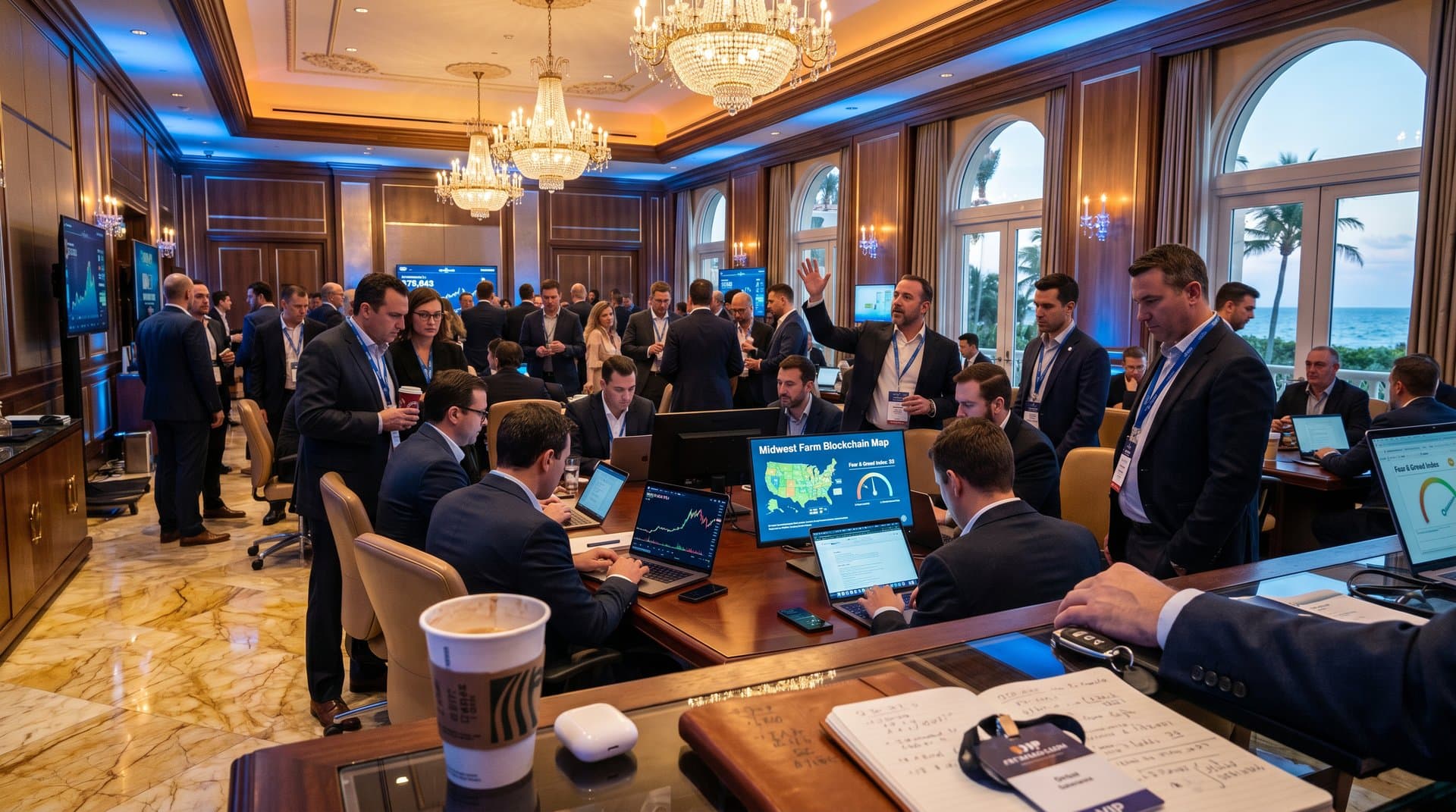 Mar-a-Lago ballroom with executives viewing BTC at $75,843 charts during Trump crypto event