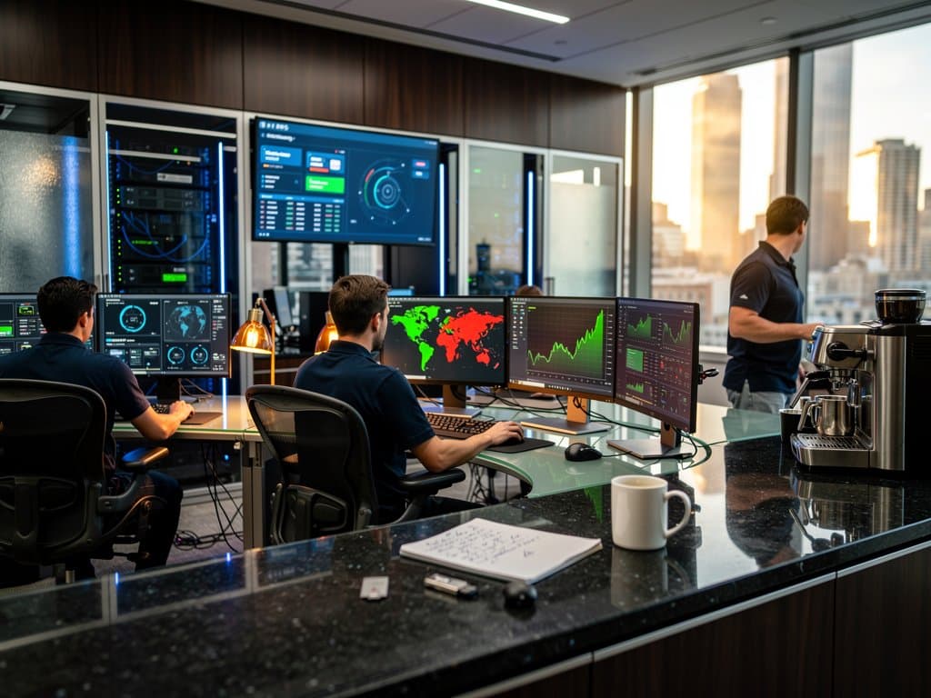 High-tech cybersecurity center with monitors showing crypto threats and wallet scans in a modern Chicago bank setting