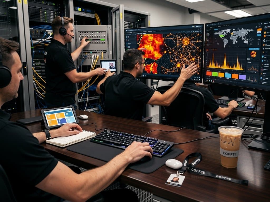 Analysts in high-tech data center pore over blockchain forensics screens tracking crypto fraud patterns amid server racks