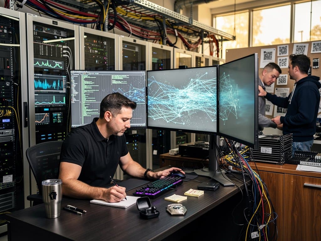 Analysts at modern data center desks review blockchain transaction graphs on multi-monitor setups amid server racks and legal documents